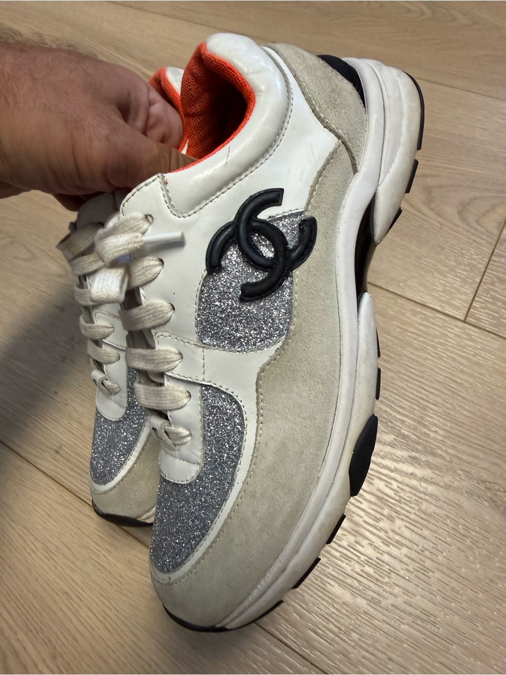 CHANEL White, Silver Glitter and Orange Low-Top Running Sneakers Size 8 (38) - Picture 13 of 16